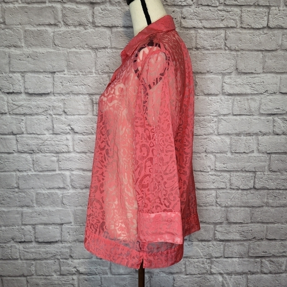 Hearts of Palm pink coral sheer burnout fabric button front 3/4 sleeve top sz 12 - Picture 6 of 8